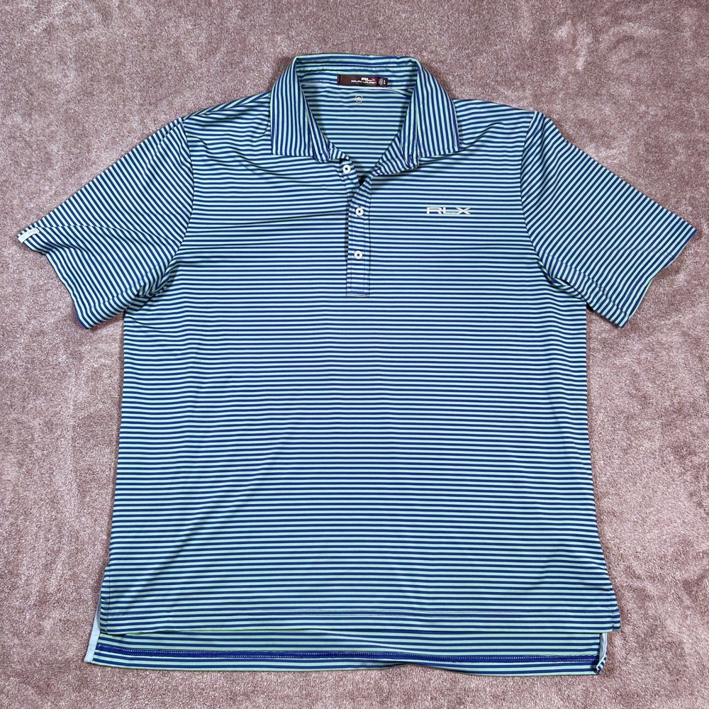RLX Ralph Lauren Golf Polo Mens XL Blue Green Striped Performance Shirt Wicking
